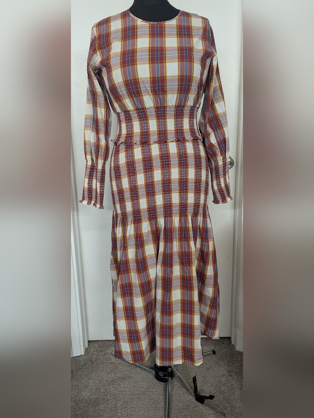 Something Navy Plaid Long Sleeve Maxi Dress in White, Burgundy & Yellow